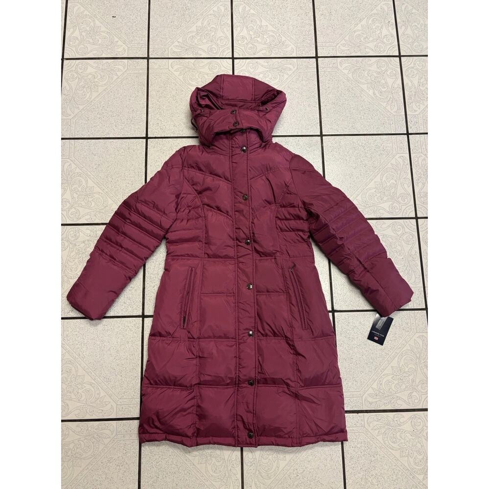 London Fog Women’s Chevron Burgundy Coat Faux Fur Trimmed Hood Size Medium New